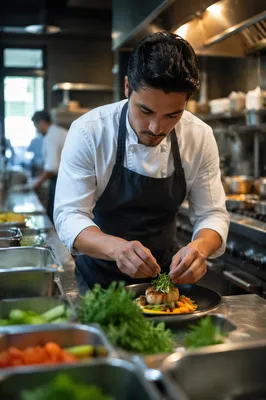 Chef Plating Dish in Restaurant Kitchen