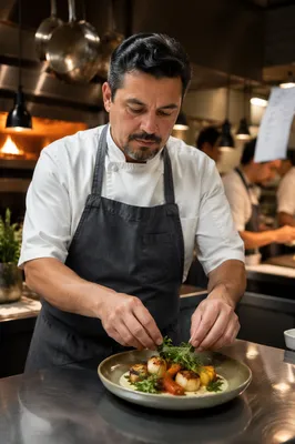 Chef Plating Dish in Busy Kitchen