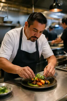 Chef Plating Dish in Restaurant Kitchen