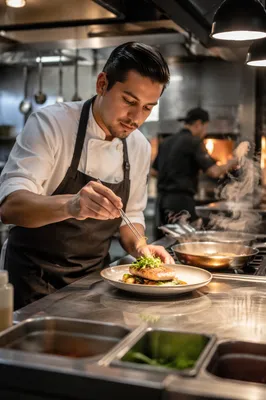 Chef Plating Entrée in Restaurant Kitchen