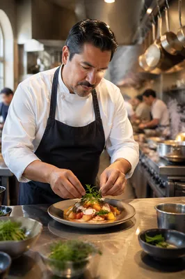 Chef Plating Dish in Restaurant Kitchen