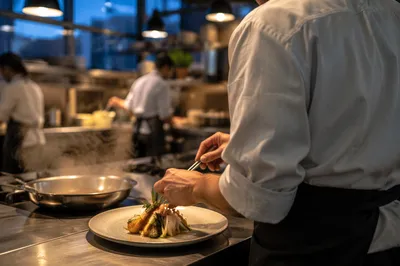 Chef Plating Vegetables in Modern Restaurant Kitchen