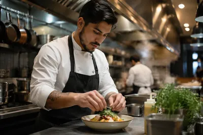 Chef Plating Dish in Restaurant Kitchen