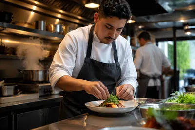 Chef Plating Dish in Restaurant Kitchen