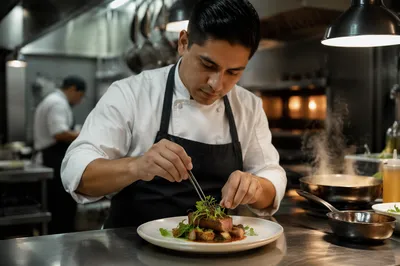 Chef Plating Dinner in Restaurant Kitchen