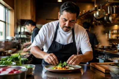 Chef Plating Dish in Restaurant Kitchen