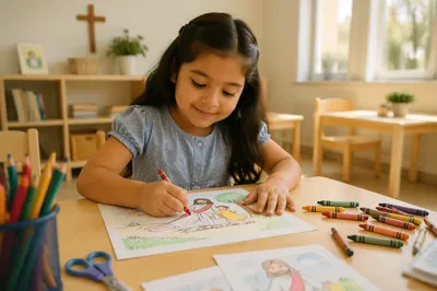 Young Girl Coloring at Church Classroom Table