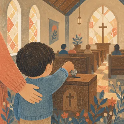 Child Giving Coin in Church Offering