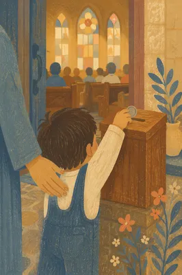 Child Giving Coin in Church Offering