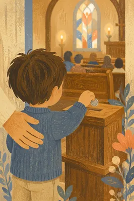 Child Giving Coin in Church Offering