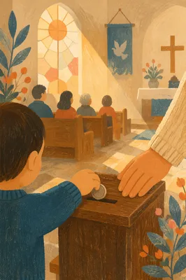Child Giving Coin in Church Offering