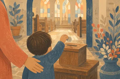 Child Giving Coin in Church Offering