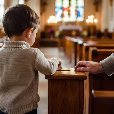 Child Giving Coin in Church Offering