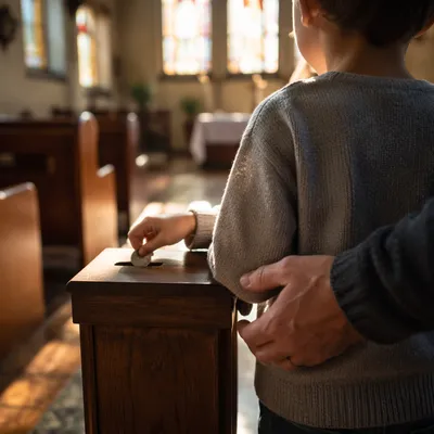 Child Giving Coin in Church Offering