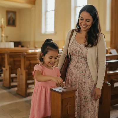 Joyful Child Giving Coin at Church
