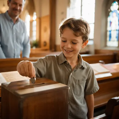 Child Donating Coin in Church Interior