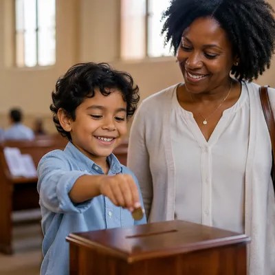 Child Donating Coin Beside Smiling Parent