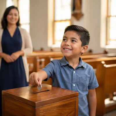 Young Boy Donating Coin in Church