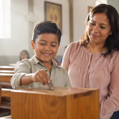 Boy Donating Coin Beside His Mother