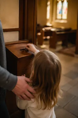 Child Giving Coin in Church Vestibule