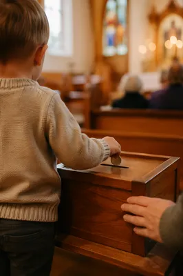 Child Giving Coin in Church Offering