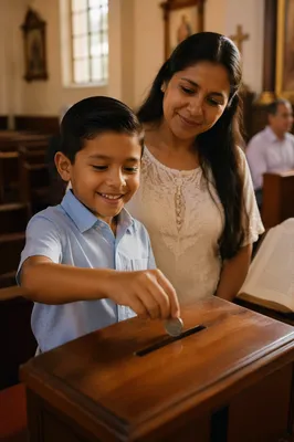 Boy Donating Coin in Church Interior