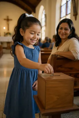 Child Donating Coin in Sunlit Church