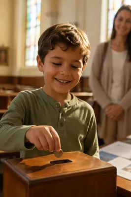 Smiling Child Donating Coin in Church
