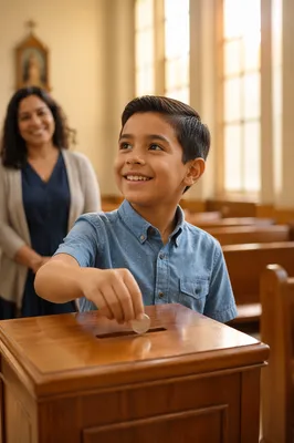 Boy Dropping Coin into Donation Box