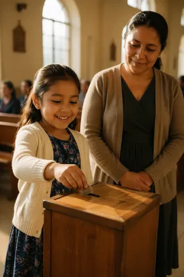 Young Girl Donating Coin in Church