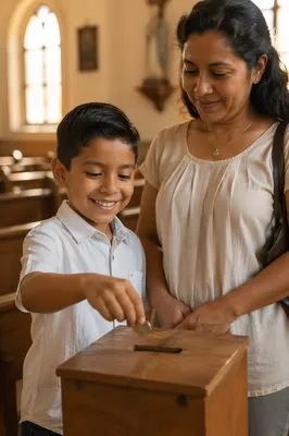 Boy Donating Coin Beside Mother