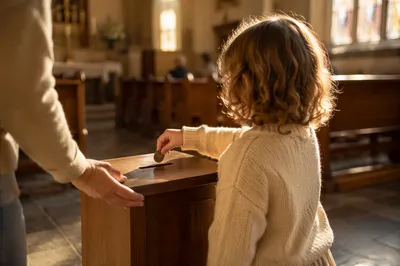 Child Giving Coin in Church Offering