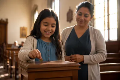 Young Girl Donating Coin in Church