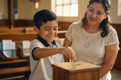 Boy Dropping Coin in Church Donation Box