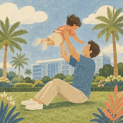 Joyful Parent Lifting Toddler in Sunny Park
