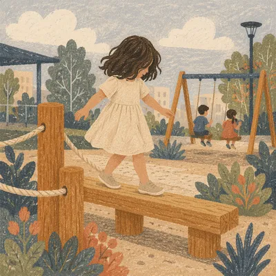 Happy Child Playing on Park Balance Beam