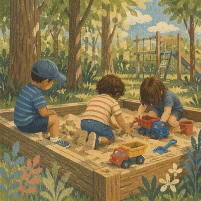 Happy Children Playing in Forest Park Sandbox