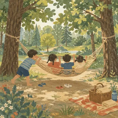 Happy Children Playing on Park Hammock