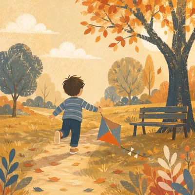 Happy Child Running with Kite in Park