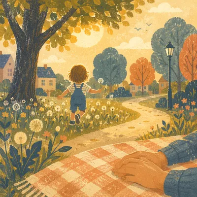 Happy Child Running Through Dandelion Park