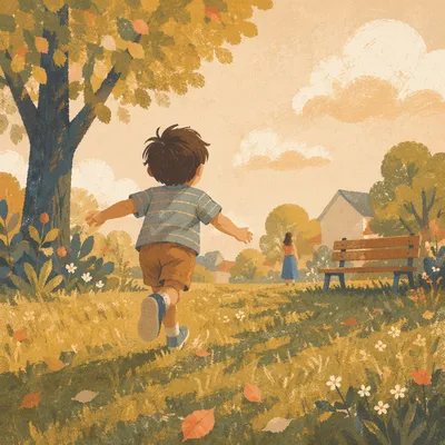 Happy Child Running Through Golden Park