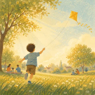 Happy Child Running With Yellow Kite