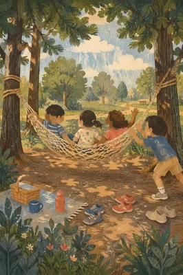Happy Children Playing on Park Hammock