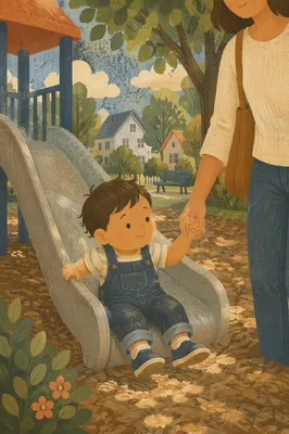 Happy Toddler on Park Slide with Caregiver