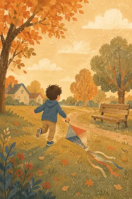 Happy Child Flying Kite in Autumn Park