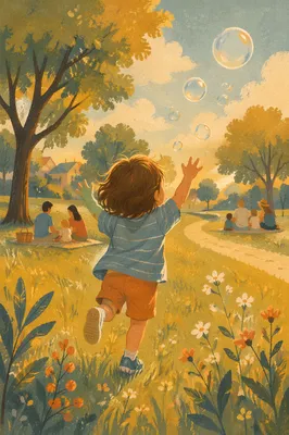 Happy Child Running Through Golden Park Bubbles