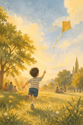 Happy Child Running in Park With Kite
