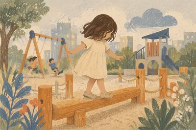 Happy Child Playing on Park Balance Beam