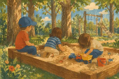 Happy Children Playing in Forest Park Sandbox
