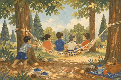 Joyful Children Playing on Park Hammock